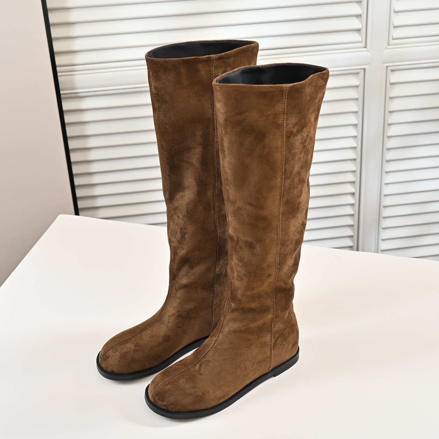 步享棕色绒面不过膝高筒靴女