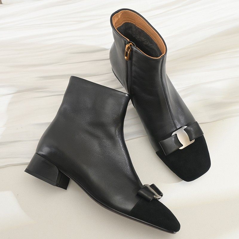 步享头层牛皮短靴女低跟小香风