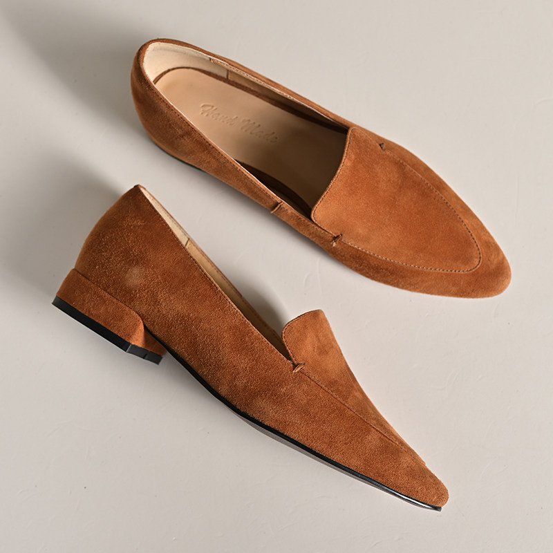 步享~橘色羊翻皮乐福鞋女2026春季新款简约尖头平底真皮浅口单鞋,女鞋,乐福鞋（豆豆鞋）,淘宝优惠券,粉丝福利购,淘宝优惠卷