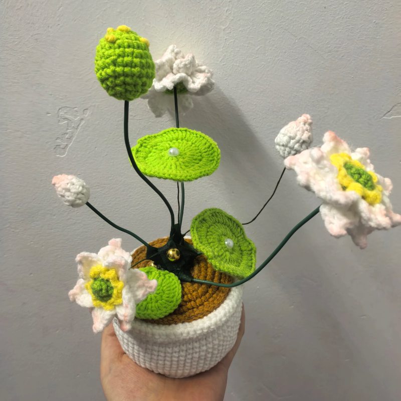 钩织毛线钩织永生花小盆栽创意diy自制仿真荷花桌面摆件送人长辈