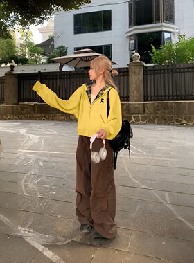 韩国Restandrecreation秋短款黄色厚棉T外套女格子设计感加绒上衣