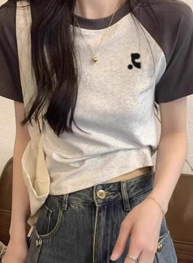【韩国购】Restandretion插肩短袖T恤夏季撞色修身些显瘦短上衣女