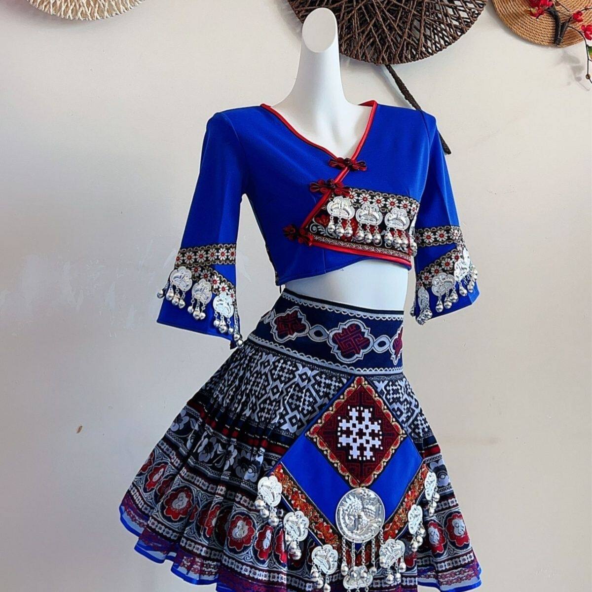 新款艺考蓝色苗族服装旅拍写真摄影套装云南少女百搭少数民族服饰