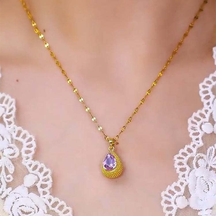 钛钢项链紫色水晶水滴吊坠洋气时尚百搭经典高级轻奢项链女七夕节
