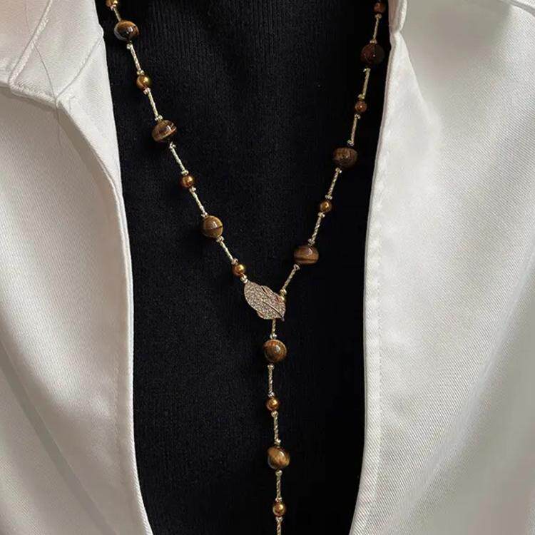 美拉德色系长款天然虎眼石项链女款复古轻奢高级感秋冬毛衣链配饰