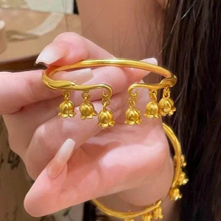 铜合金手镯女古法金色铃兰花开口手环女轻奢中国风设计感百搭首饰