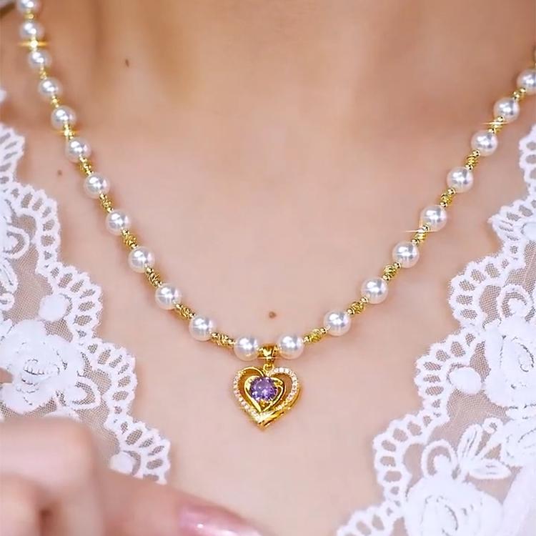 奢华高级甜美精致紫色爱心珍珠项链2024爆款小众设计感甜美锁骨链