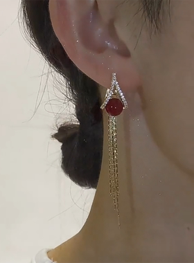 新中式喜庆时尚百搭微镶钻红色珠珠长款流苏耳环女新年送妈妈礼物