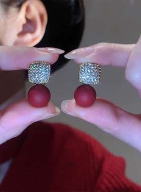 法式复古红色满钻方形耳环女轻奢简约小众设计感高级耳钉时尚耳饰