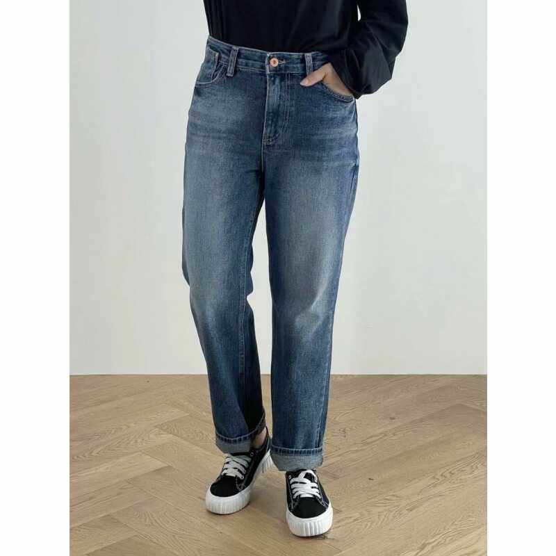 韩国adlib水洗高腰直筒牛仔裤