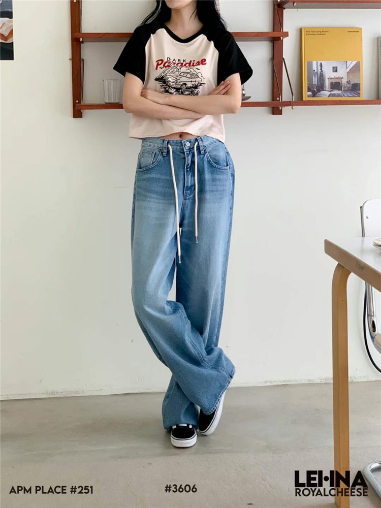 韩国代购royalcheese牛仔裤女 24春夏腰抽绳宽松阔腿直筒拖地长裤