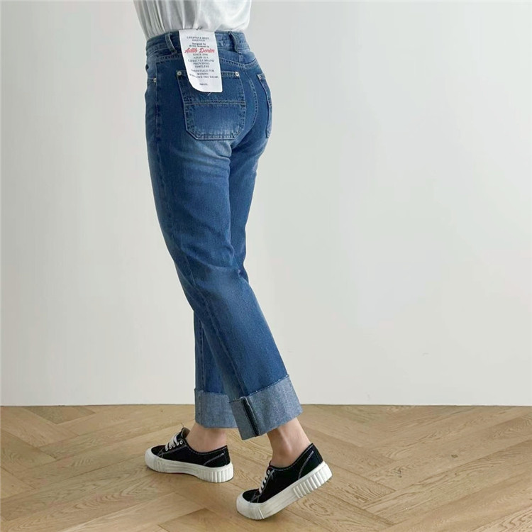 韩国adlib卷边直筒牛仔裤女