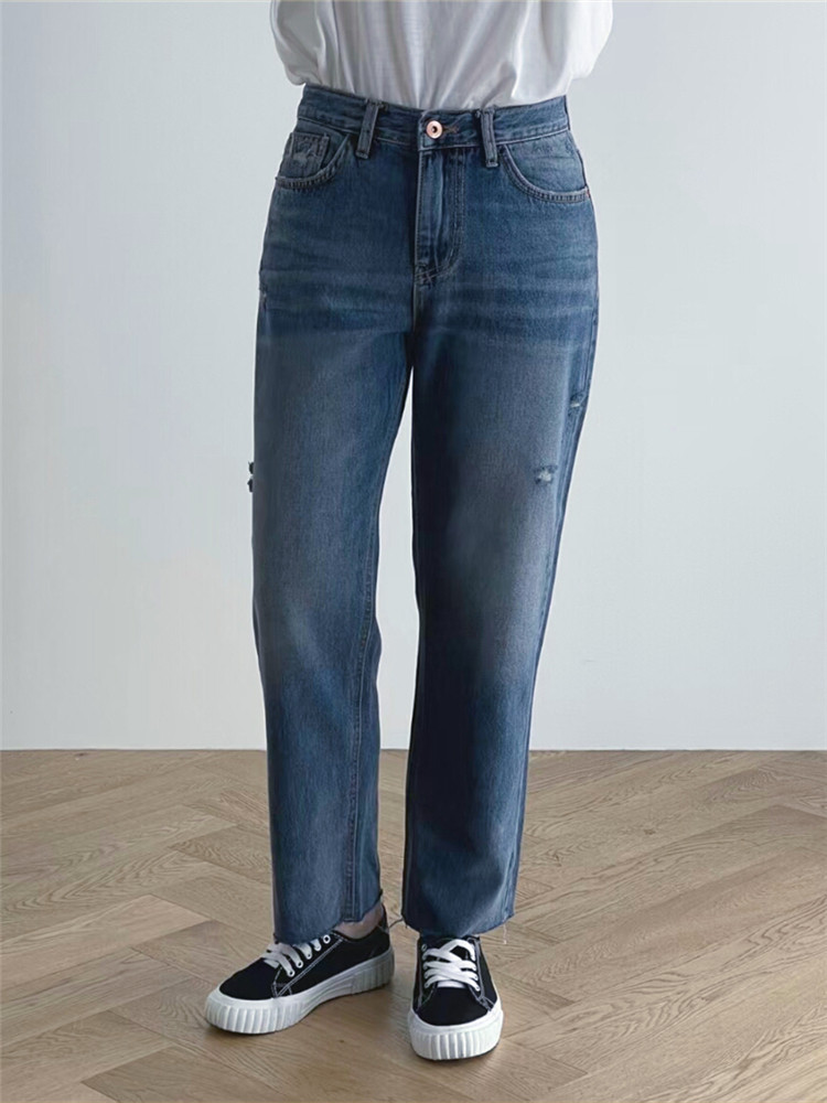 韩国adlib宽松破洞高腰牛仔裤女