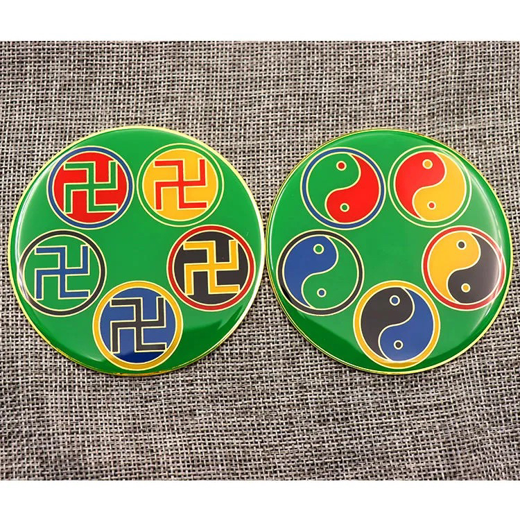 双面黄铜江氏烤漆掌中宝五行太极八卦万字符红黄蓝绿黑8.3公分