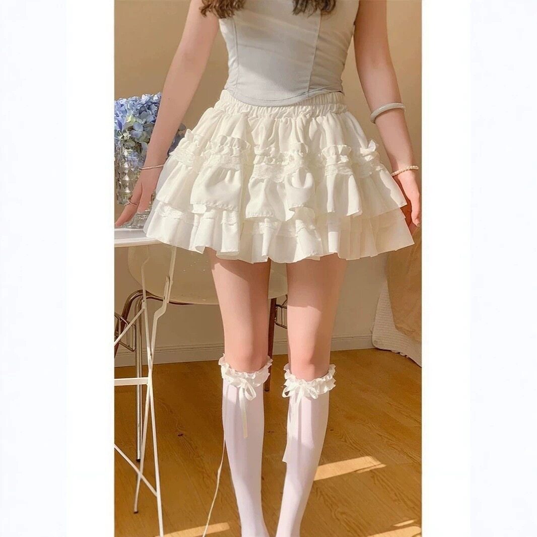 芭蕾风蕾丝拼接蛋糕蓬蓬裙女夏季松紧高腰防走光假两件可外穿短裙