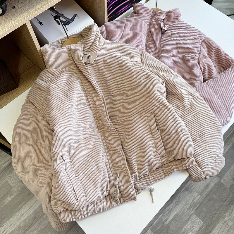棉服女款短款显瘦春秋薄款棉衣拉链开身外套立领外套百搭甜美条绒