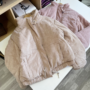 棉服女款短款显瘦春秋薄款棉衣拉链开身外套立领外套百搭甜美条绒