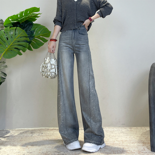 迪否烫钻直筒牛仔裤女秋季2025新款高级感高腰时尚垂感窄版阔腿裤