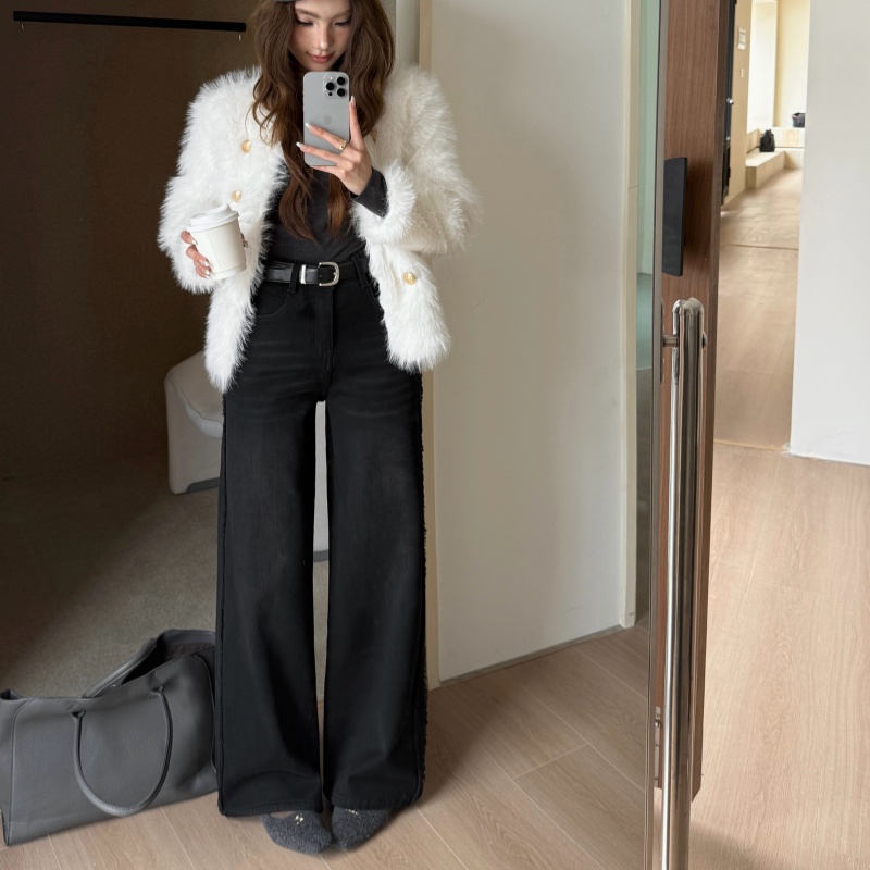 复古黑灰色阔腿牛仔裤女2025秋冬加绒宽松显瘦梨形身材拖地裤