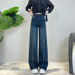 迪否冬季加绒烫钻窄版时尚百搭直筒裤2025新款裤子宽松垂感牛仔裤