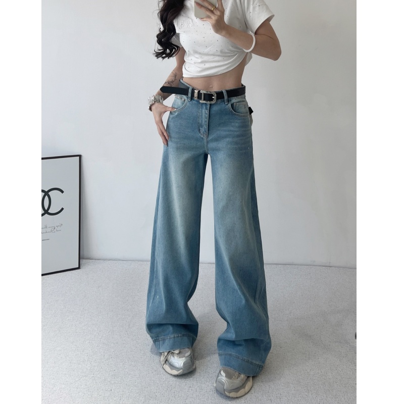 轻奢品质烫钻牛仔裤2025春季新款时尚百搭高腰直筒阔腿裤垂感欧货