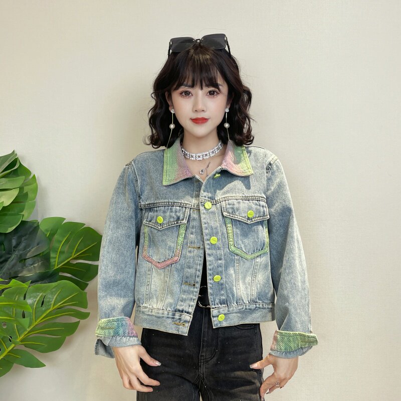 迪否撞色短款牛仔外套女2026春季新款韩版时尚宽松bf慵懒风上衣