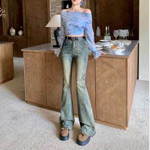 复古蓝牛仔裤设计感中高腰微喇女冬季加绒2025新款修身显瘦喇叭裤