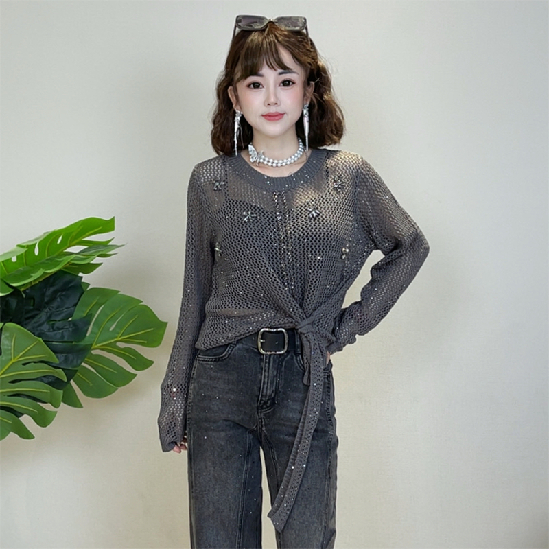 迪否圆领镶钻镂空针织衫秋季新款时尚不规则慵懒风女士上衣2215