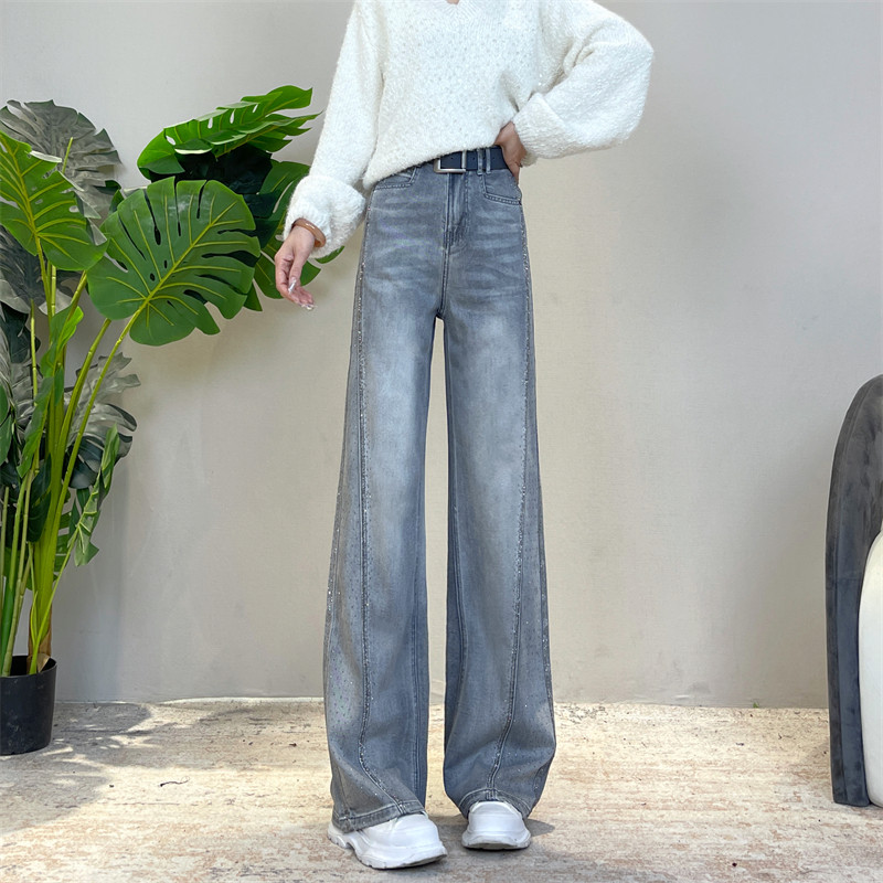 迪否烫钻窄版直筒裤女2026春季高腰弹力新款裤子垂感宽松牛仔裤