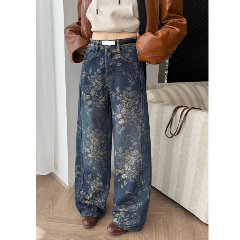 冬季加绒直筒印花牛仔裤