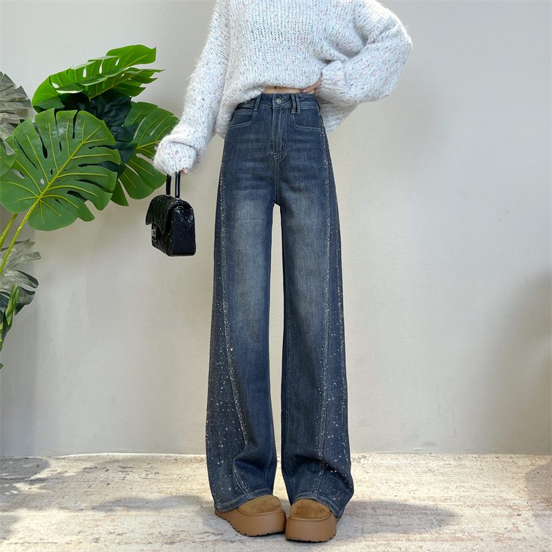 迪否秋冬加绒烫钻窄版时尚百搭直筒裤女2025新款裤子宽松垂感牛仔