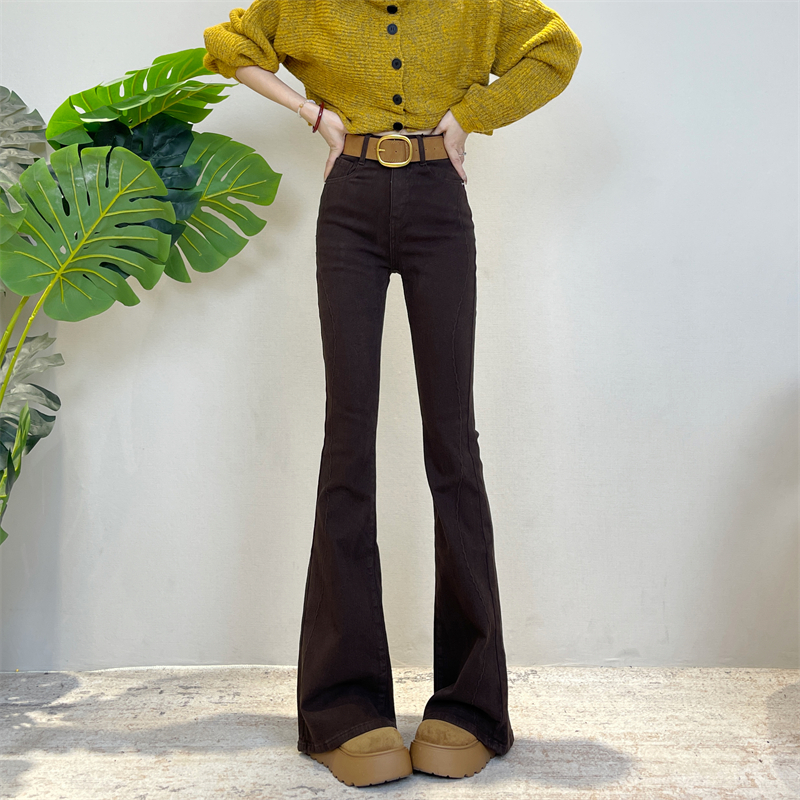 迪否设计感高腰加绒微喇牛仔裤秋冬新款显瘦气质时尚百搭牛仔裤