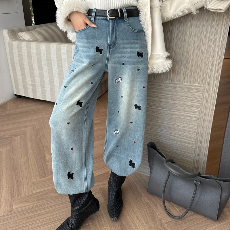 冬季加绒直筒印花牛仔裤