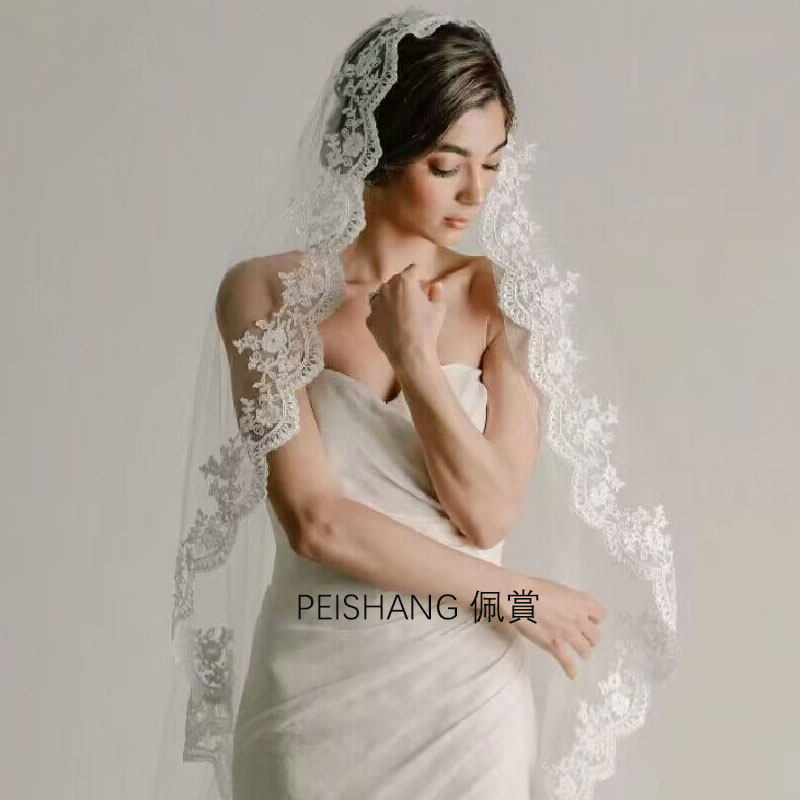 蕾丝头纱婚纱复古白色长款婚纱头纱遮面纱婚礼拍照造型新娘头纱