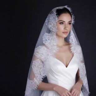 白色手工蕾丝头纱长款遮面结婚婚礼仪式长拖尾遮面纱头饰新娘头纱