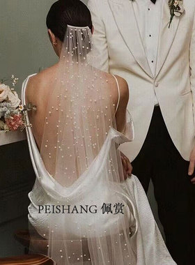 白色长款仿珍珠带发梳可遮面拖地头纱婚纱礼服拍照拖尾长新娘头纱