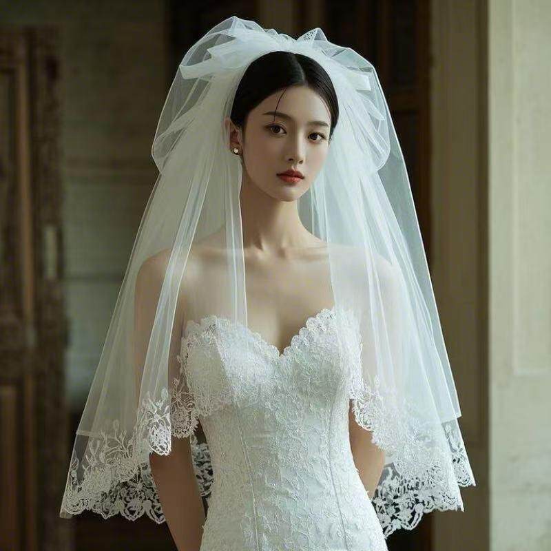 佩赏新娘头纱韩式蕾丝花边软纱双层蓬蓬短款提升纱结婚照礼服配饰