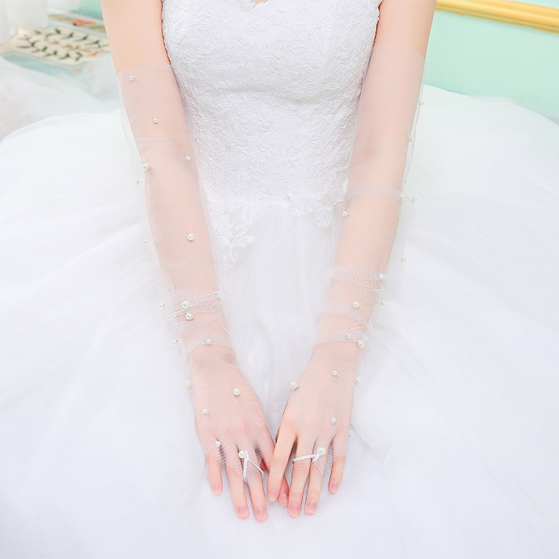 新娘结婚长款白色珍珠遮手臂手套图片