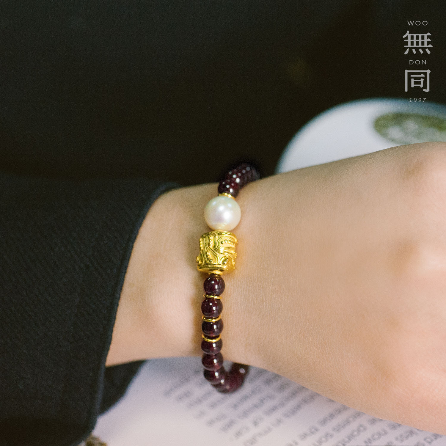 无同  护花宝石 石榴石珍珠单圈925银镀金水晶手钏链送礼