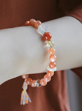 无同 狮子月能量星座守护手钏 太阳石南红红兔毛玉髓金发晶白水晶