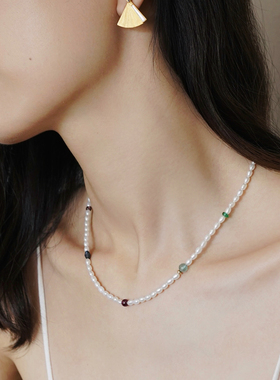 无同 玲珑 多宝珍珠项链蓝宝石磷灰石琉璃925银镀金时髦复古