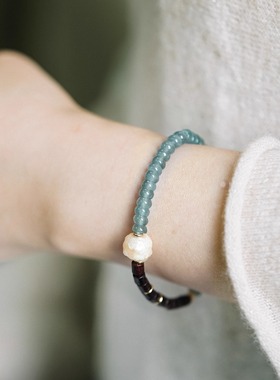 无同 晴川珍瑞 古典北宋美学蓝水翡翠紫檀淡水珍珠手串手钏