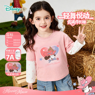 迪士尼童装女童米妮卡通印花长袖上衣春季儿童运动休闲假两件T恤