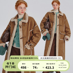 DESIGNER PLUS 长款麂皮绒羊羔毛外套女牛角扣机车服皮毛一体大衣