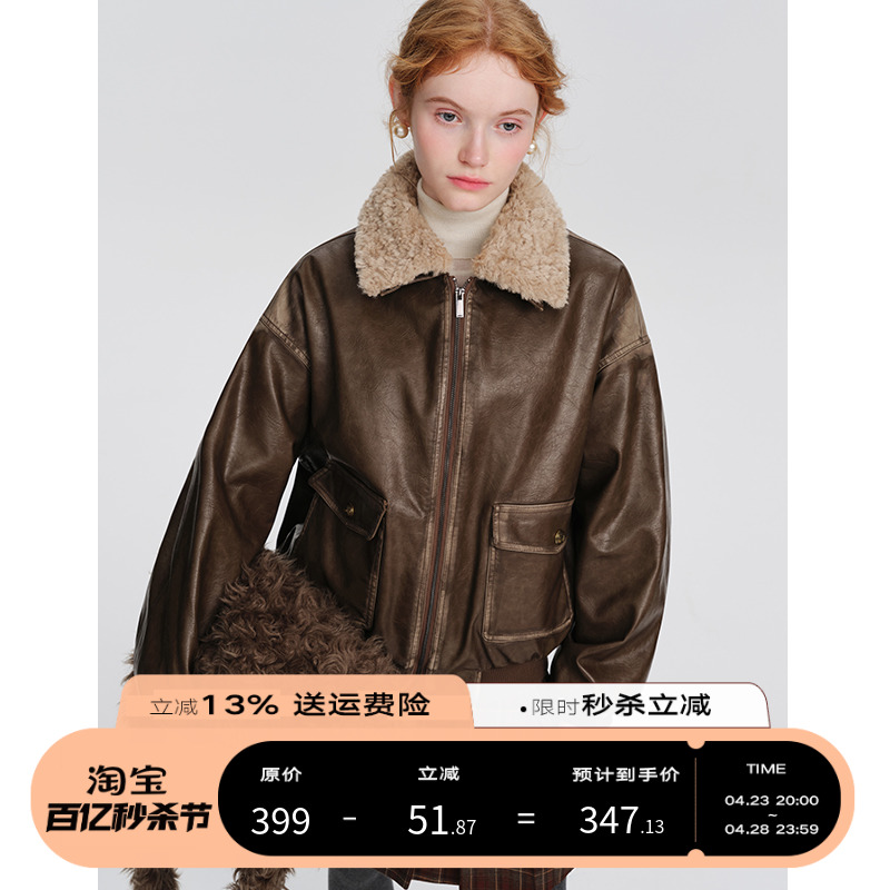 DESIGNER PLUS 美式复古皮衣外套女黑色羊羔毛领夹克加厚机车棉服