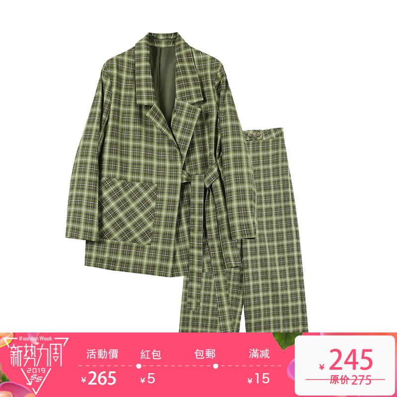 Designer Plus 初春两件套装2019新款气质系带格子西服套装女洋气