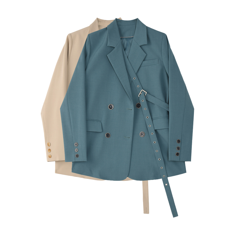 3Designer Plus 炸街小西装外套女春秋设计感系带宽松休闲蓝色西服