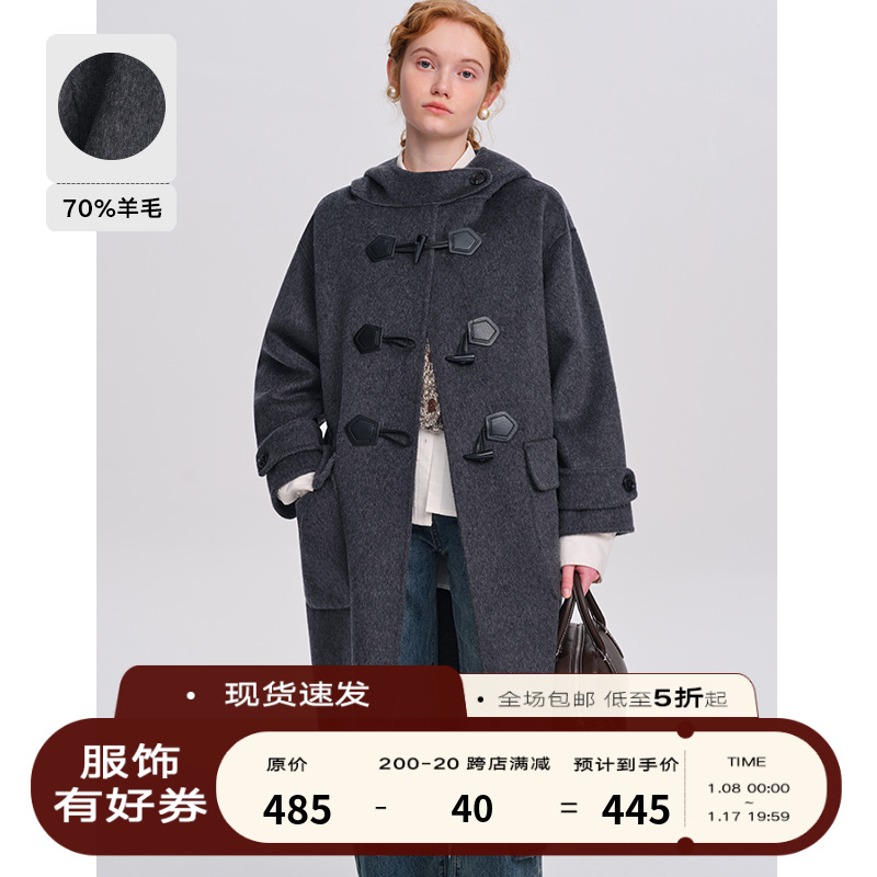 DESIGNER PLUS 中长款连帽双面呢子大衣女灰色秋冬加厚羊毛呢外套