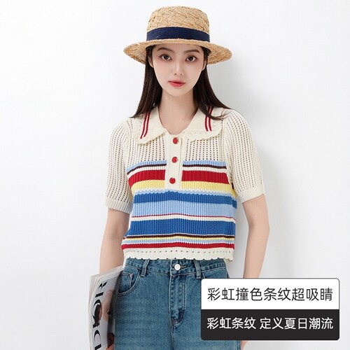 夏季新款翻领镂空彩虹条纹针织衫