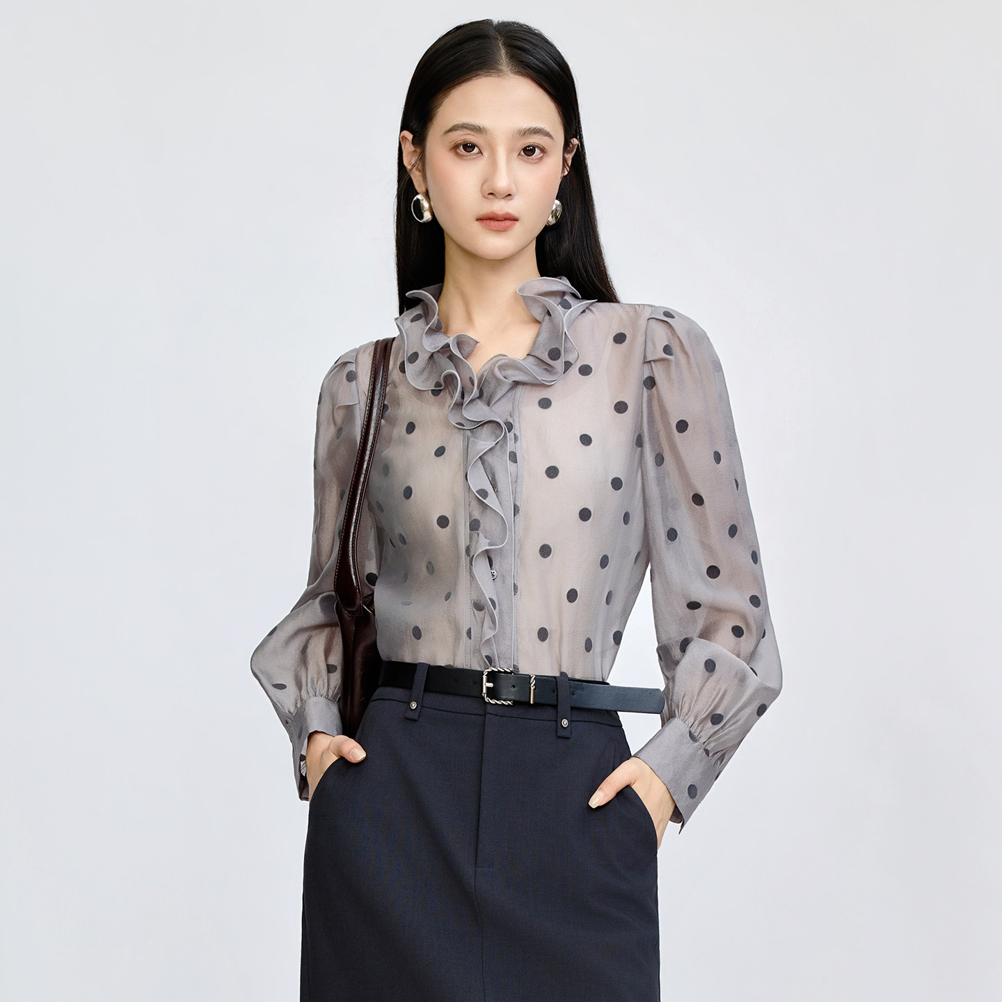 芭依璐2026秋季复古荷叶边长袖甜美波点雪纺衬衫女显瘦优雅上衣